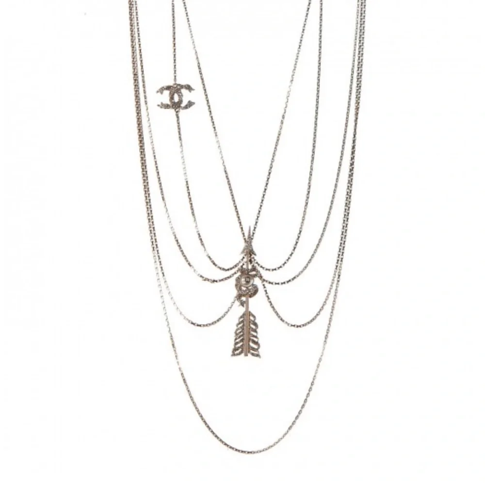 CHANEL Crystal Pearl Multi Strand Chain CC Arrow Necklace Gold - Picture 2 of 16